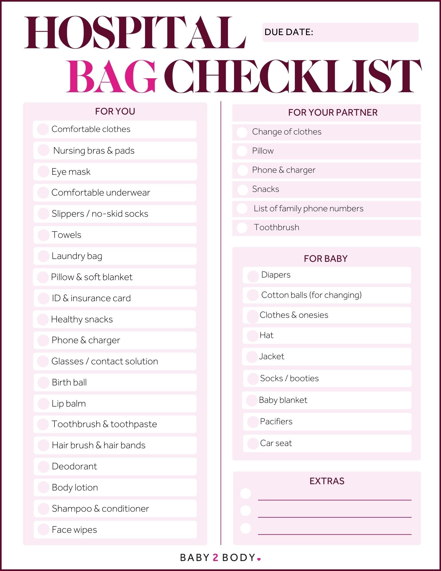 Printable Hospital Bag Checklist