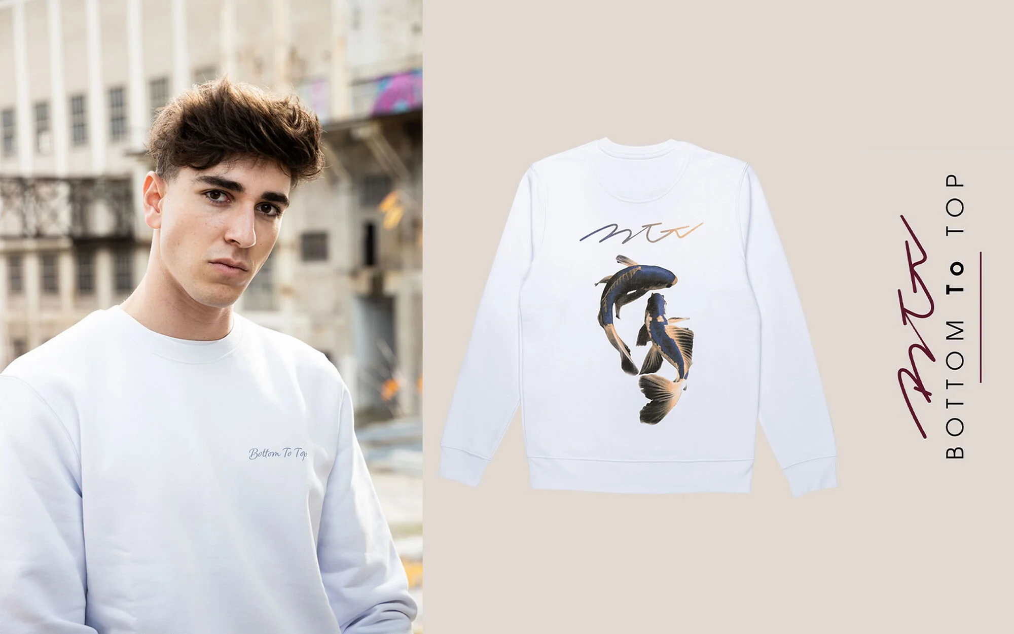 Junge trägt weißen Pullover mit Text auf der linken Brustseite, im Hintergrund ein urbanes Stadtbild. Nebenan auf beigeem Hintergrund ein weißer Pullover mit Fisch-Design und dem Text 'Bottom To Top'.