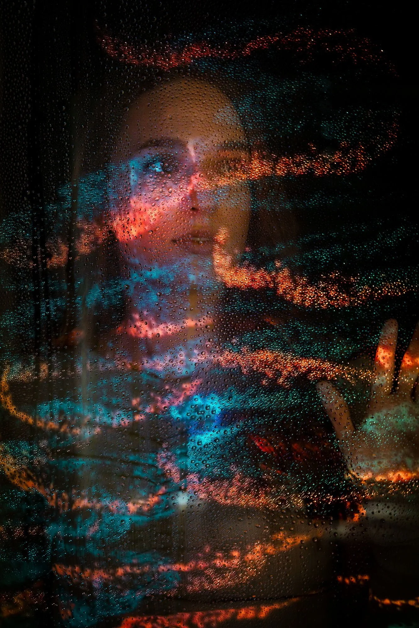 Eine Frau hinter einem Fenster mit Regentropfen, die Reflexionen von bunten Lichtern zeigt.