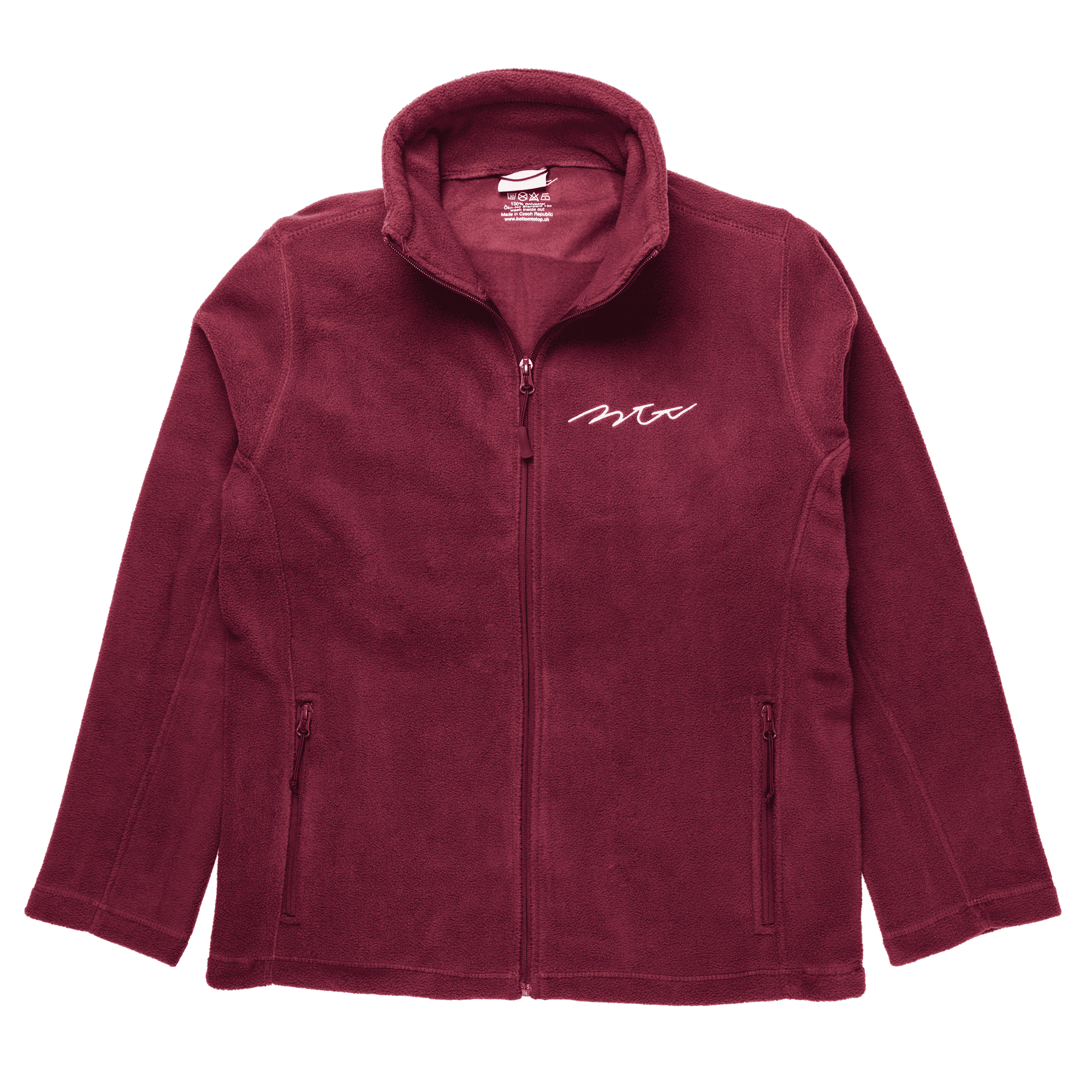 Ein roter Fleece-Jacke mit einem weißen, geschwungenen Logo auf der linken Brustseite. Die Jacke hat einen Stehkragen und Seitentaschen mit Reißverschluss.