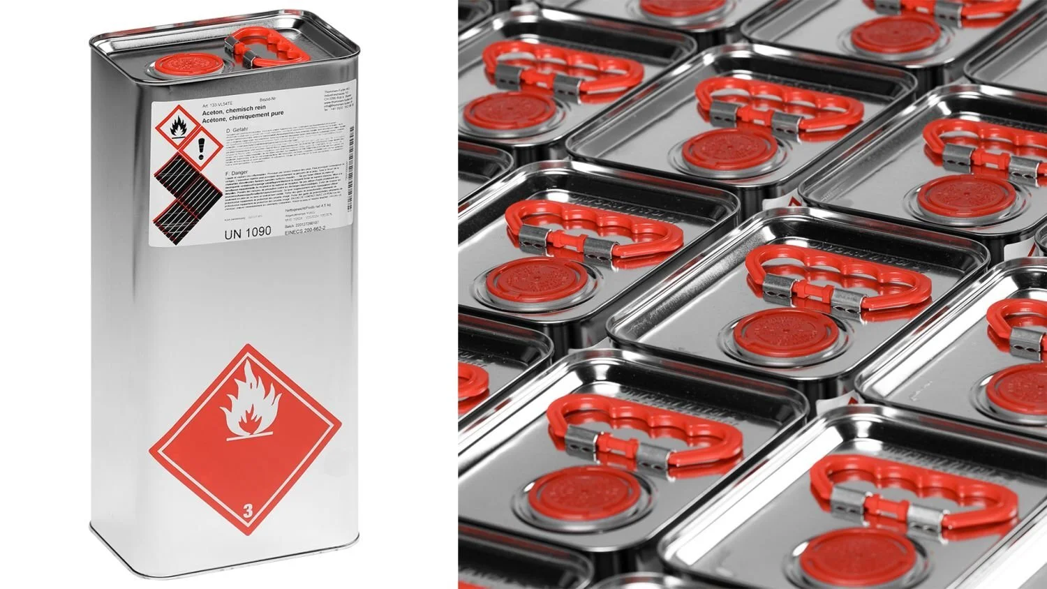 Mehrere versiegelte Edelstahlboxen mit roten Sicherheitsverschlüssen und Warnmarkierungen, darunter eine große Metallkanister mit Gefahrensymbol für Benzin oder Chemikalien.