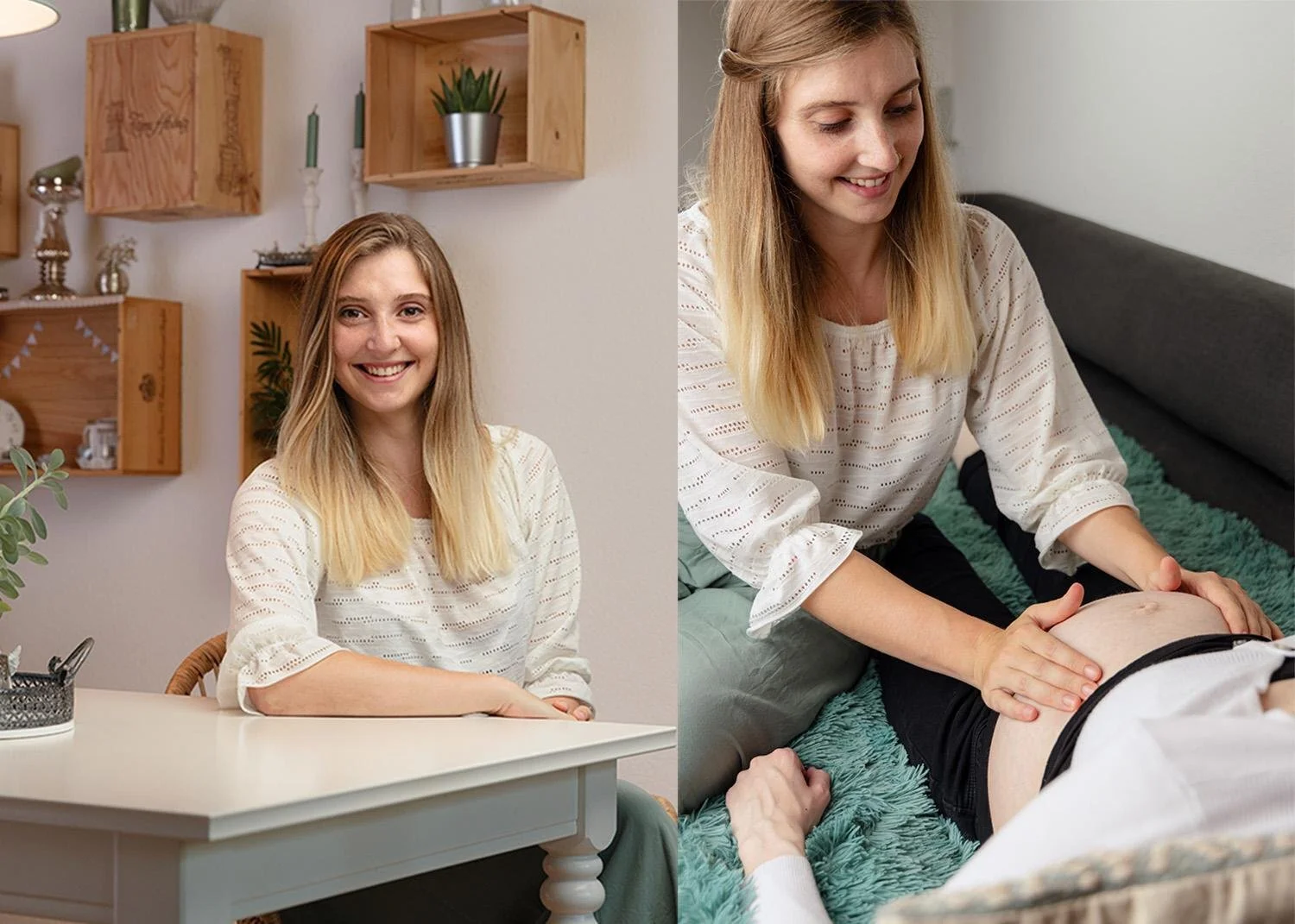Links: Eine junge Frau sitzt an einem Tisch in einem hell eingerichteten Raum, lächelnd. Rechts: Die gleiche Frau massiert die Bauchregion eines Mannes, der auf einem Sofa liegt.