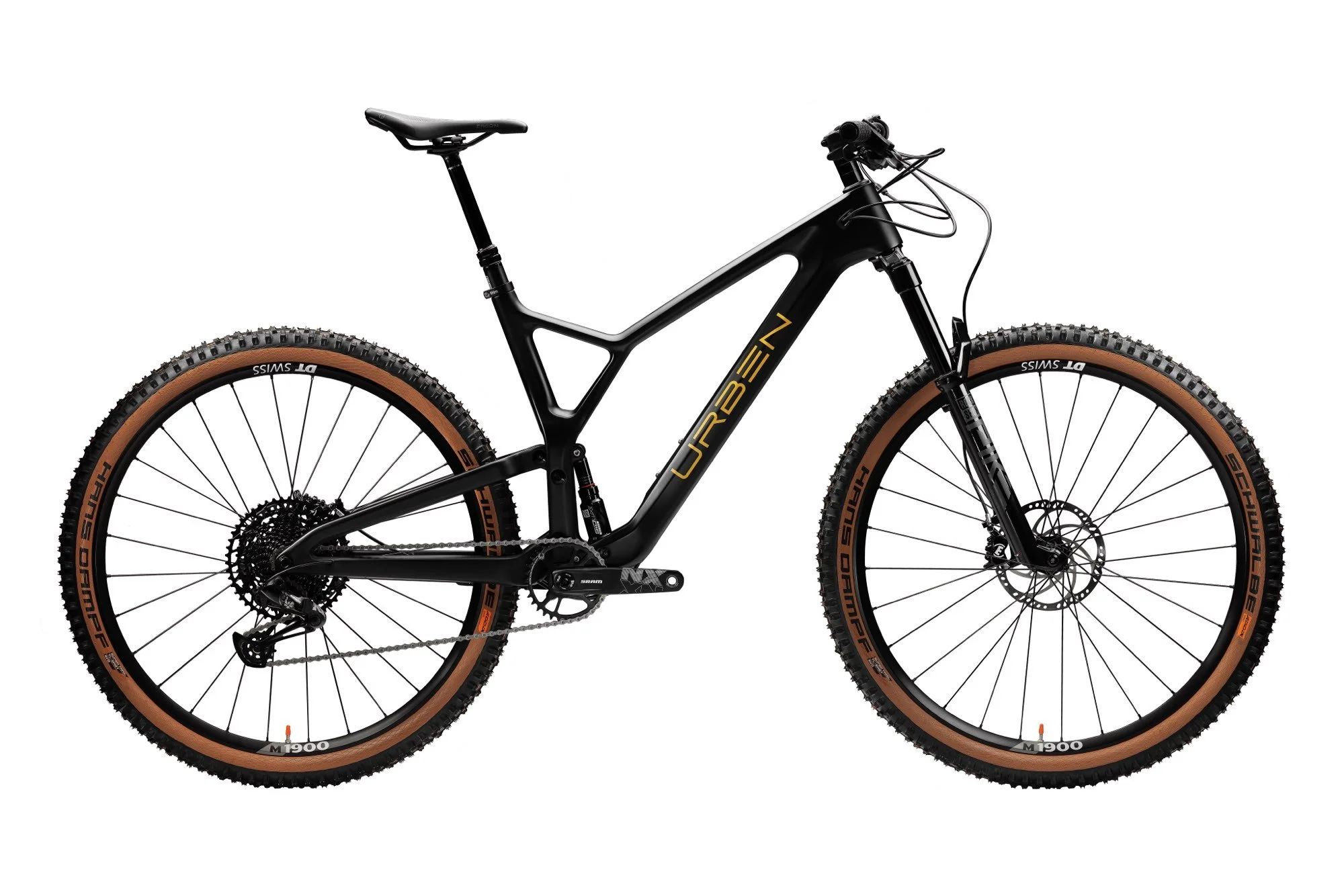 Schwarzes E-Bike mit Goldschrift und braunen Reifen, ISO-Frame, vor weißem Hintergrund.