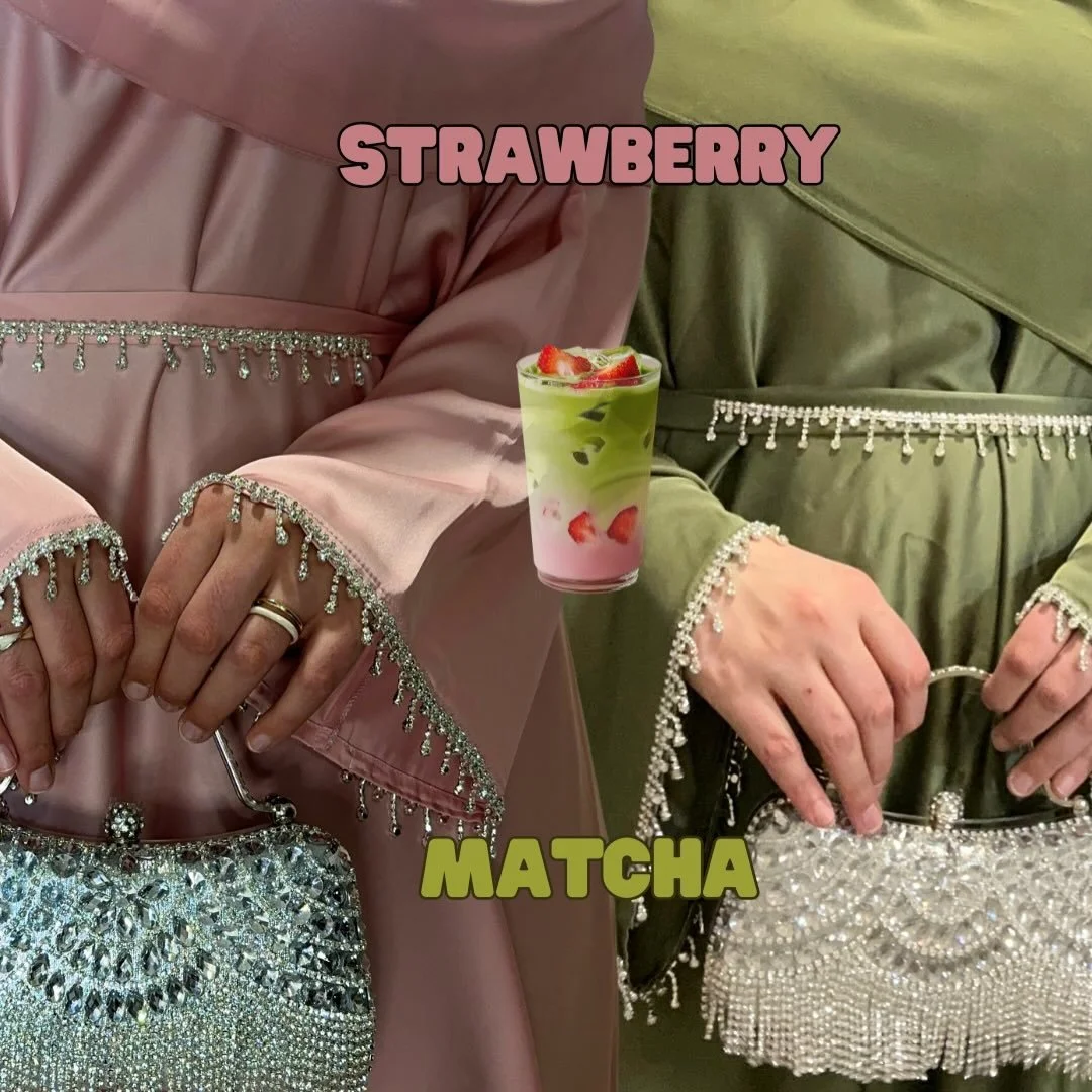 Inspired by the strawberry matcha drink.
Our Armani satin plus size abaya is a three piece set, designed with intention and ease. It comes with a matching tassel belt, a maxi chiffon hijab, and a true plus size satin abaya, finished with delicate emb