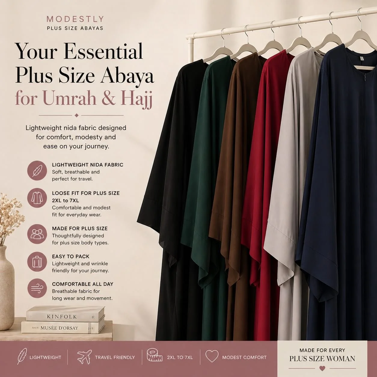Too many plus-size women struggle to find abayas for Umrah or Hajj that feel loose, comfortable and easy to wear.

MODESTLY changes that with thoughtfully designed plus-size abayas in sizes 2XL to 7XL, made from lightweight nida fabric for comfort th