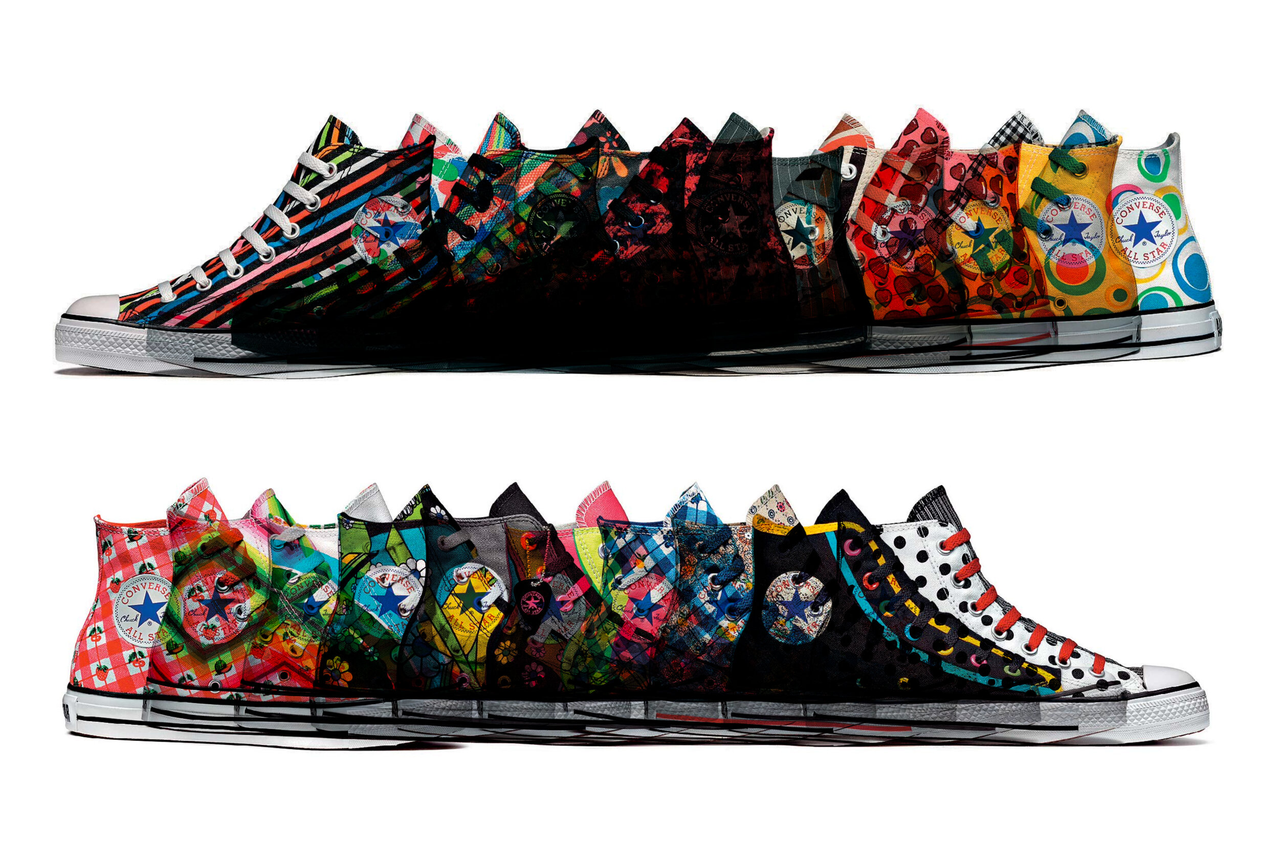 Collection of colorful Converse sneakers in various designs and patterns.