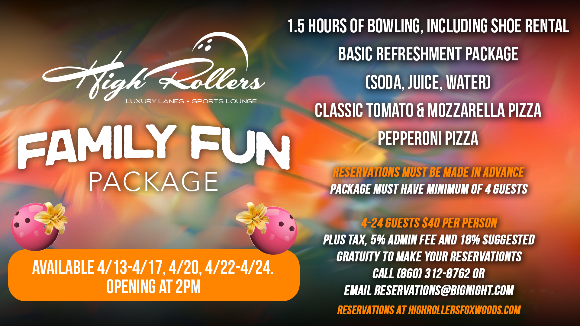 School vacation week. Enjoy bowling with food and drinks for the entire family