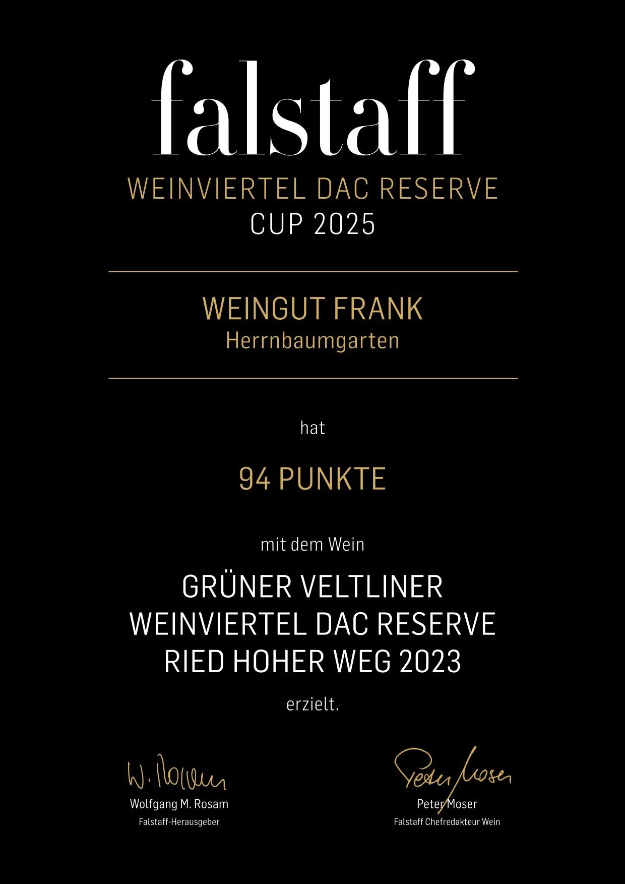Bild eines Wein-Zertifikats von Falstaff für den Jahrgang 2023, ausgestellt an Weingut Frank, mit Bewertung von 94 Punkten, begleitet von Unterschriften, schwarzen Hintergrund und goldener Schrift.