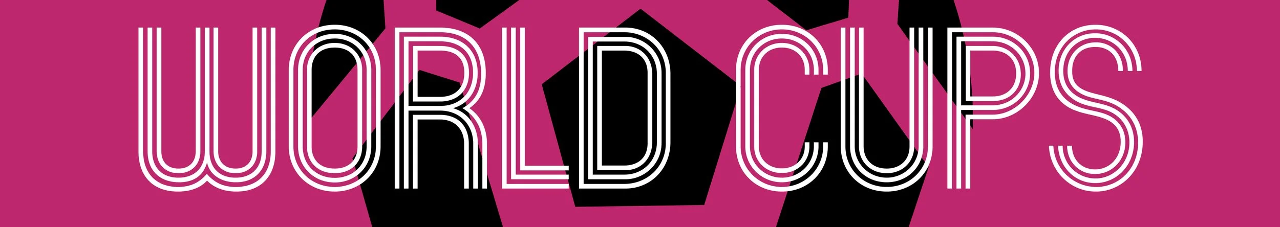 Bold pink background with black geometric shapes and white outlined text that reads 'WORLDS'.