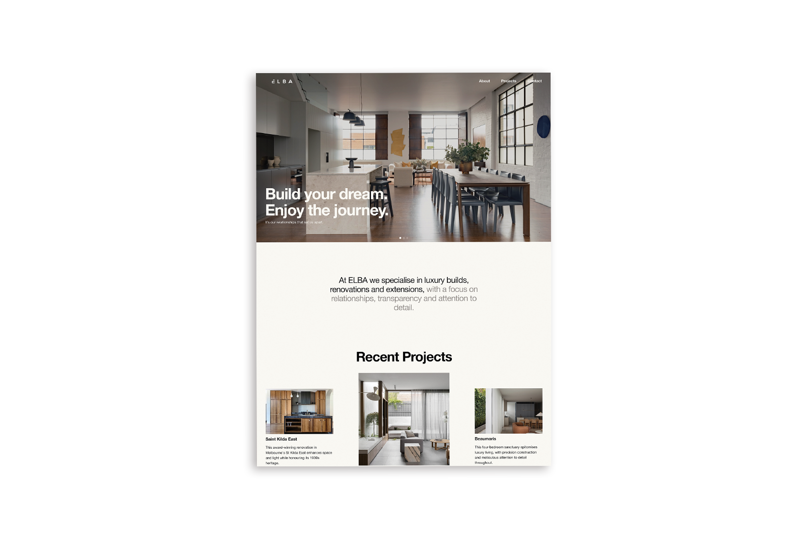 Premium Squarespace Template by Avelã Creative. Website design for ELBA showcasing luxury builds and renovations, including interior images and recent projects like "Saint Kilda East" and "Deepwater."