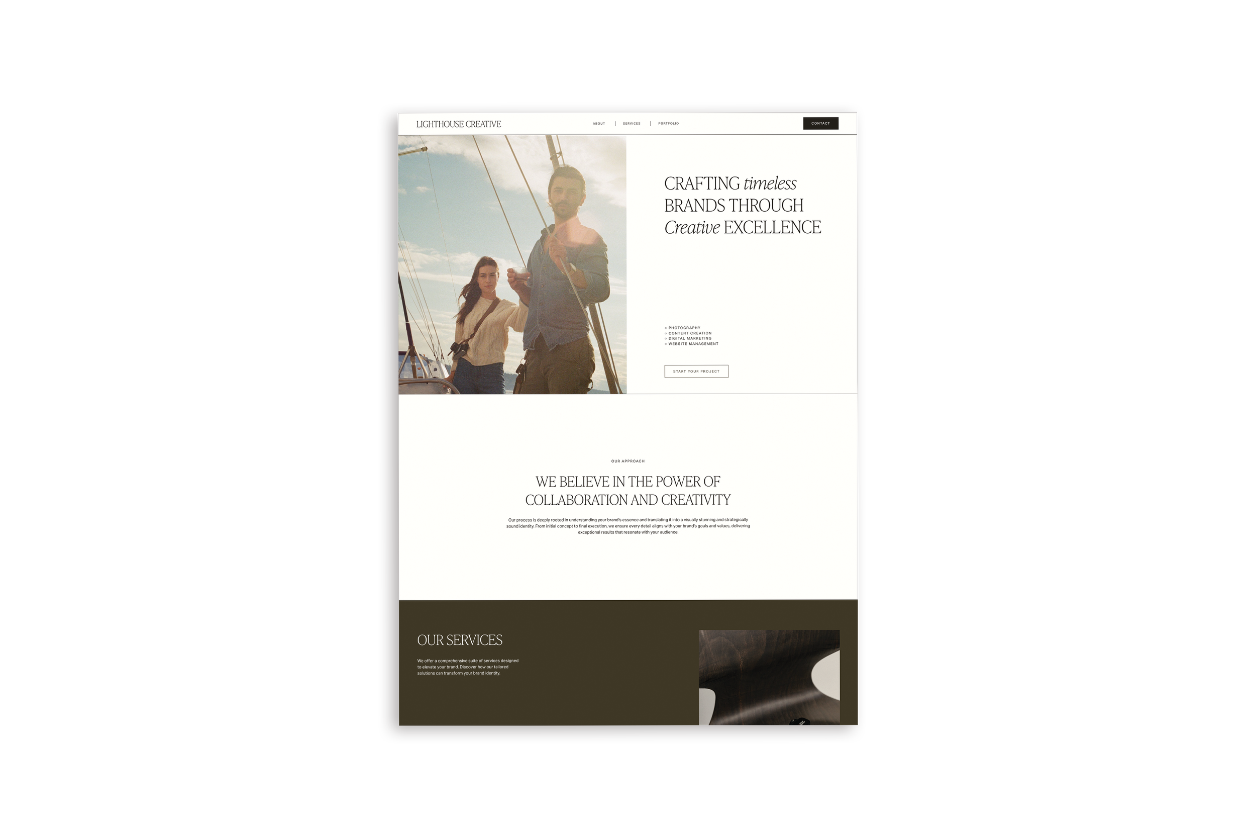 Premium Squarespace Template by Avelã Creative. Screenshot of Lighthouse Creative website showcasing branding services with an image of people on a sailboat and text about creative excellence and collaboration.