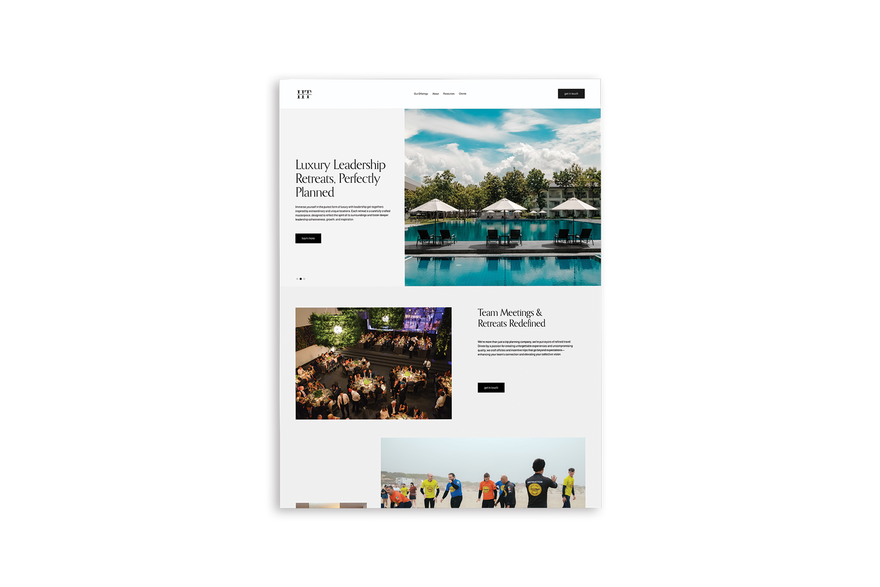 Premium Squarespace Template by Avelã Creative. Website screenshot featuring luxury leadership retreats with poolside and meeting images.