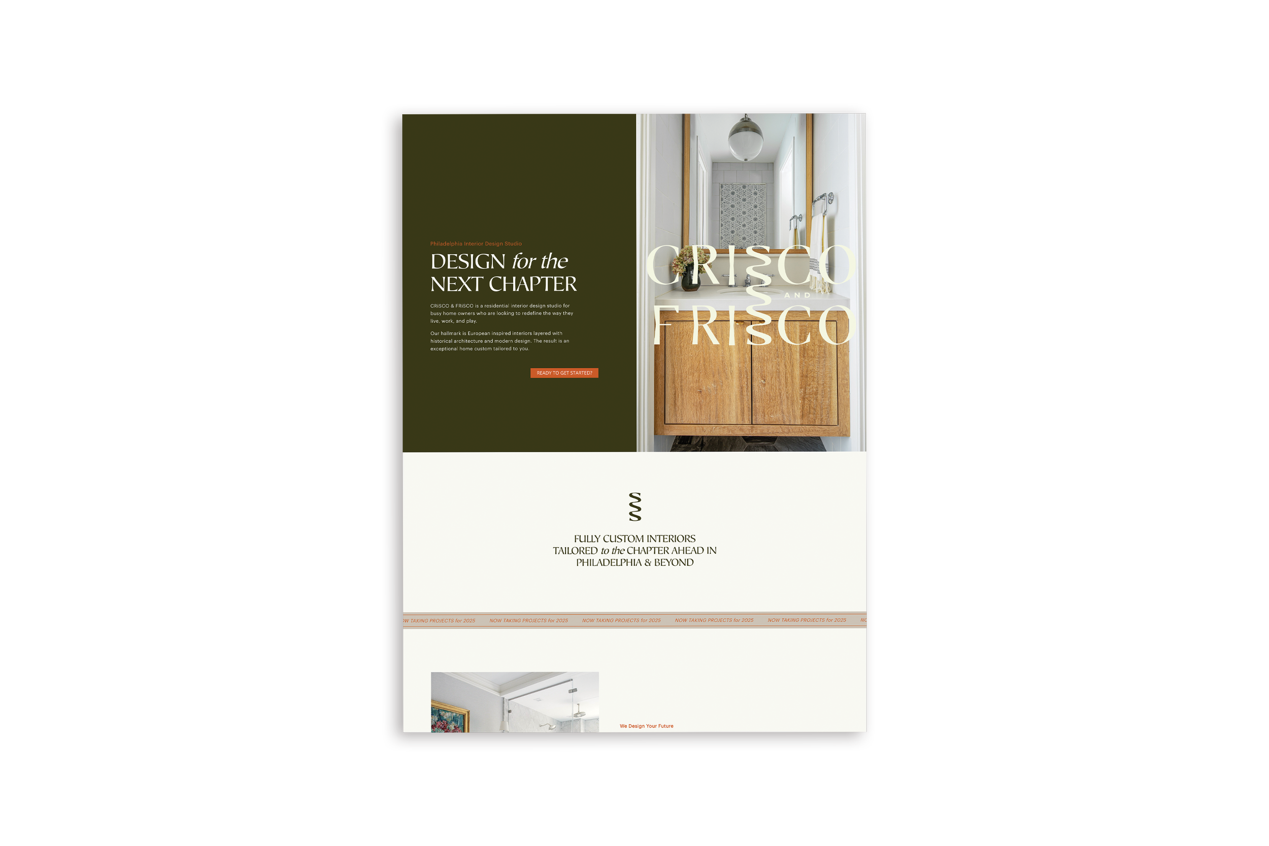 Screenshot of a website for Crisco and Frisco, a Philadelphia interior design studio, featuring text about custom interiors and an image of a bathroom sink.