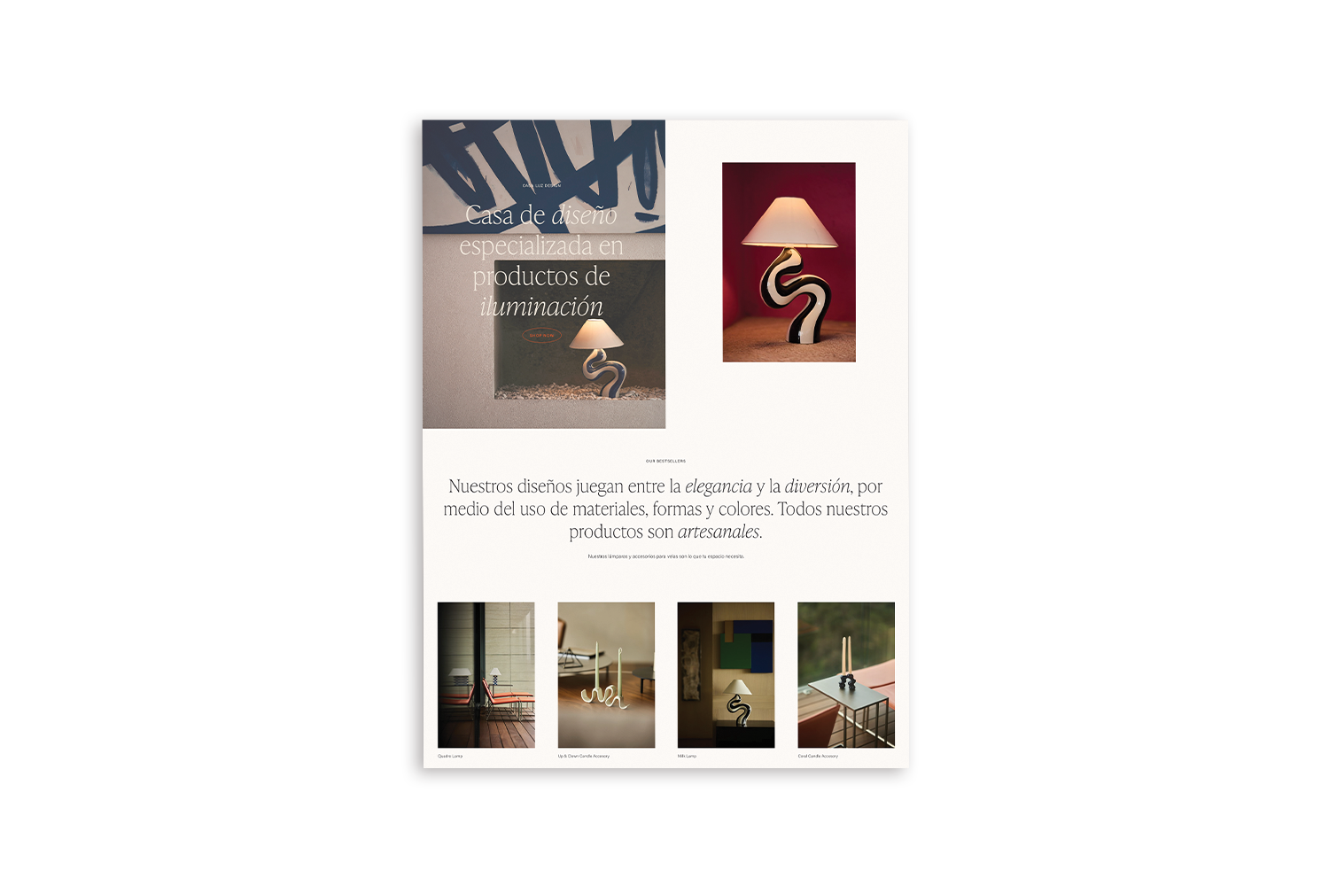 Premium Squarespace Template by Avelã Creative. Promotional poster for a lighting design company featuring images of artistic lamps and handwritten Spanish text highlighting creativity and craftsmanship.