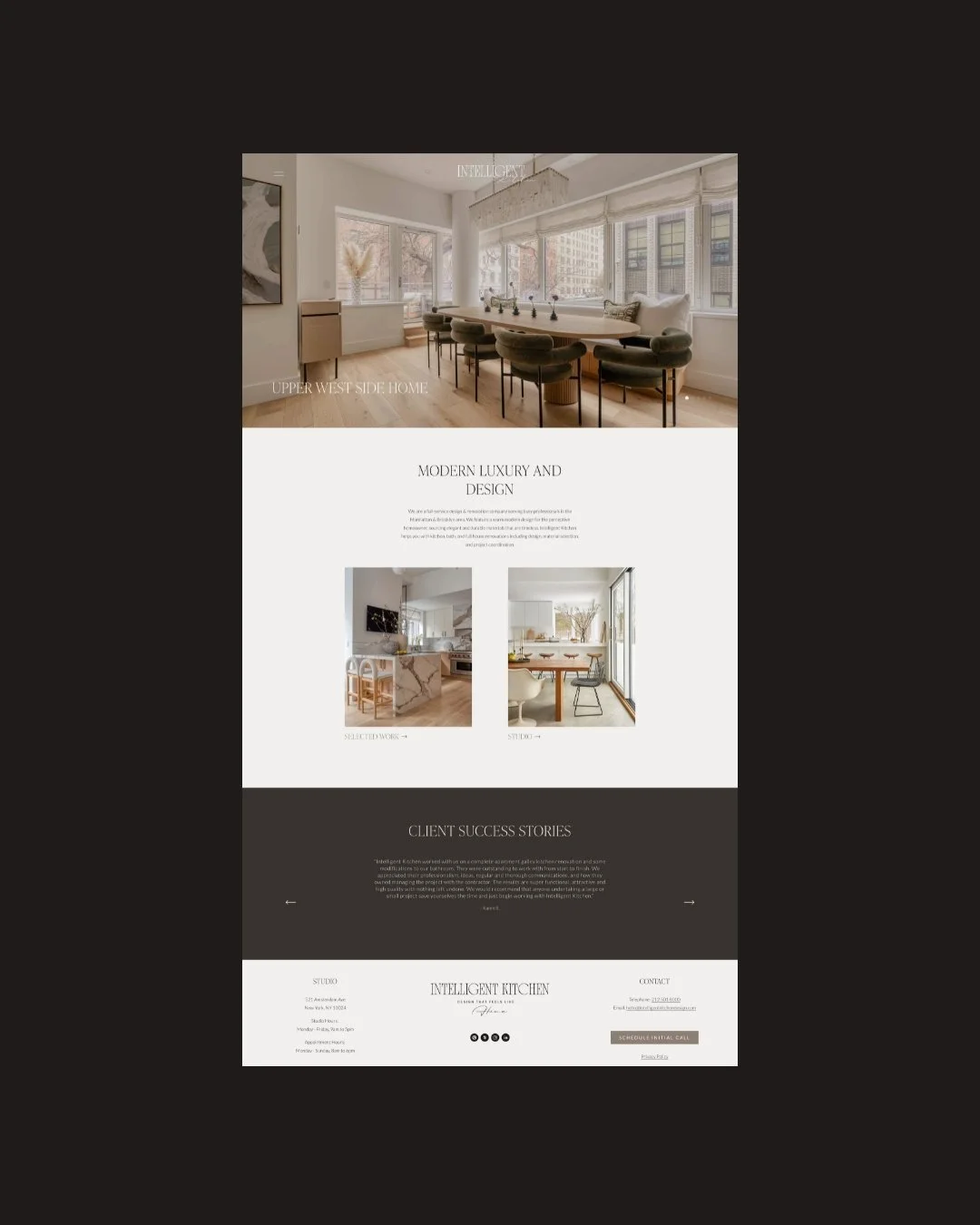 website redesign showcasing warm modern interior design aesthetic for Intelligent Kitchen
