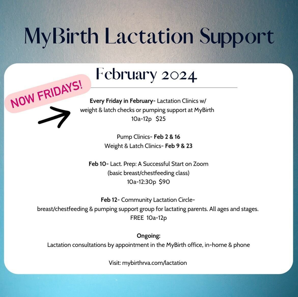 🌟 Lactation at MyBirth 🌟

LACTATION CLINIC 🌟 Every Friday🌟 @ MYBIRTH&nbsp;

PUMP clinic (1st, 3rd &amp; 5th Fri)
10:00AM-12:00PM will be held for drop-in flange fittings, explaining pump settings &amp; tricks to pump the most milk, milk storage a