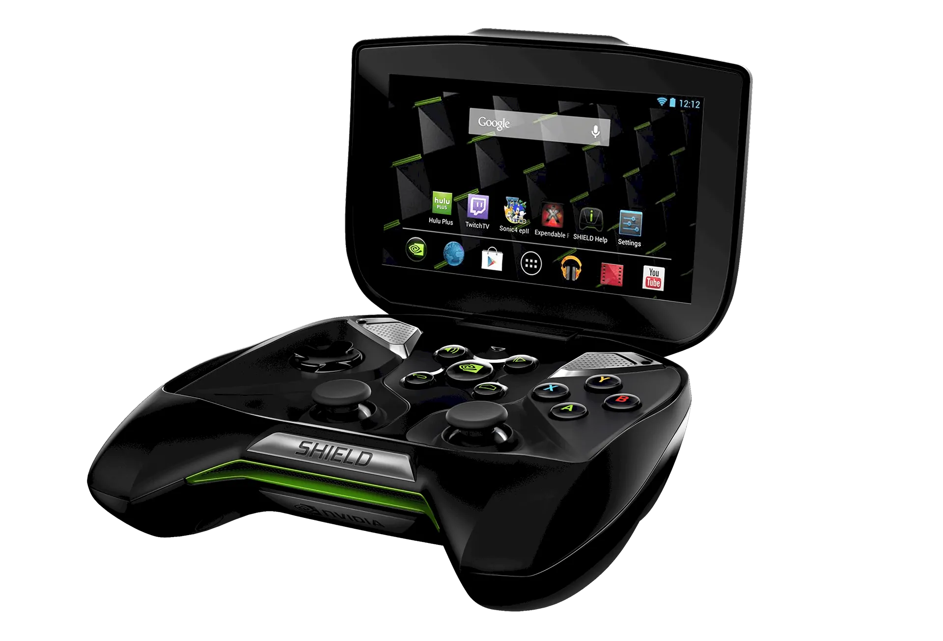This is the NVIDIA Shield Portable from 2013. is an Android-powered portable gaming console that resembles a full-size controller. The ‘cover’ contains a flip-up 5" display, and the system is powered by a powerful ARM “Cortex” CPU running at 1.9GHz. 