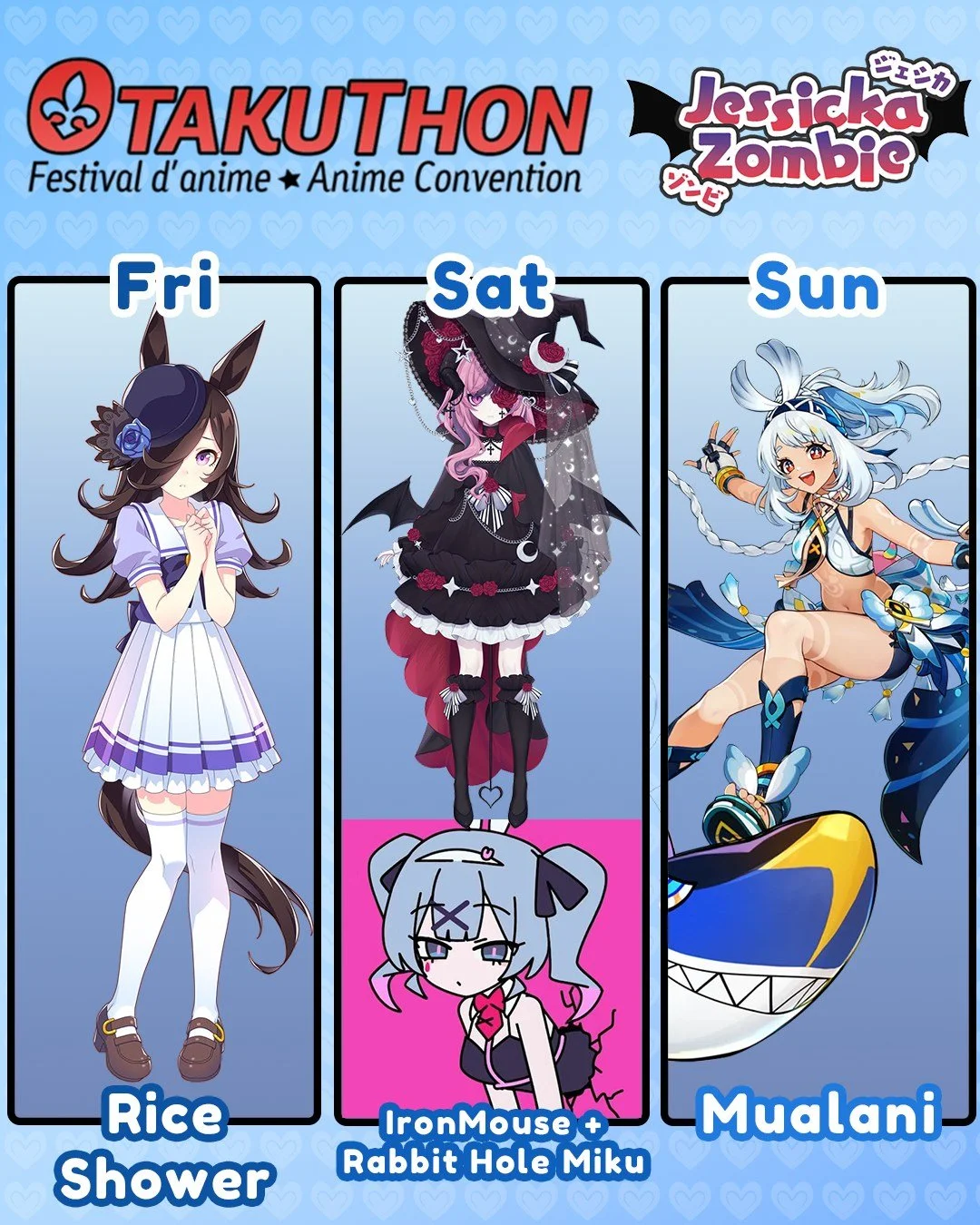 Otakuthon Lineup! 💖 Who will I see this year!?? ✨

🏇 Friday - Rice Shower with @kommisar_chiptune as Oguri Cap from UmaMusume

🦇 Saturday - Ironmouse for the masquerade, Rabbit Hole Miku for the rave with @kommisar_chiptune as Mike Hudson and @ran