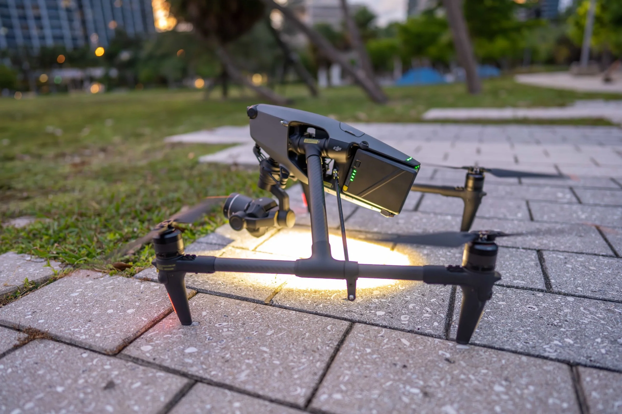 Drone Genius Inspire 3 prepared on location at dusk