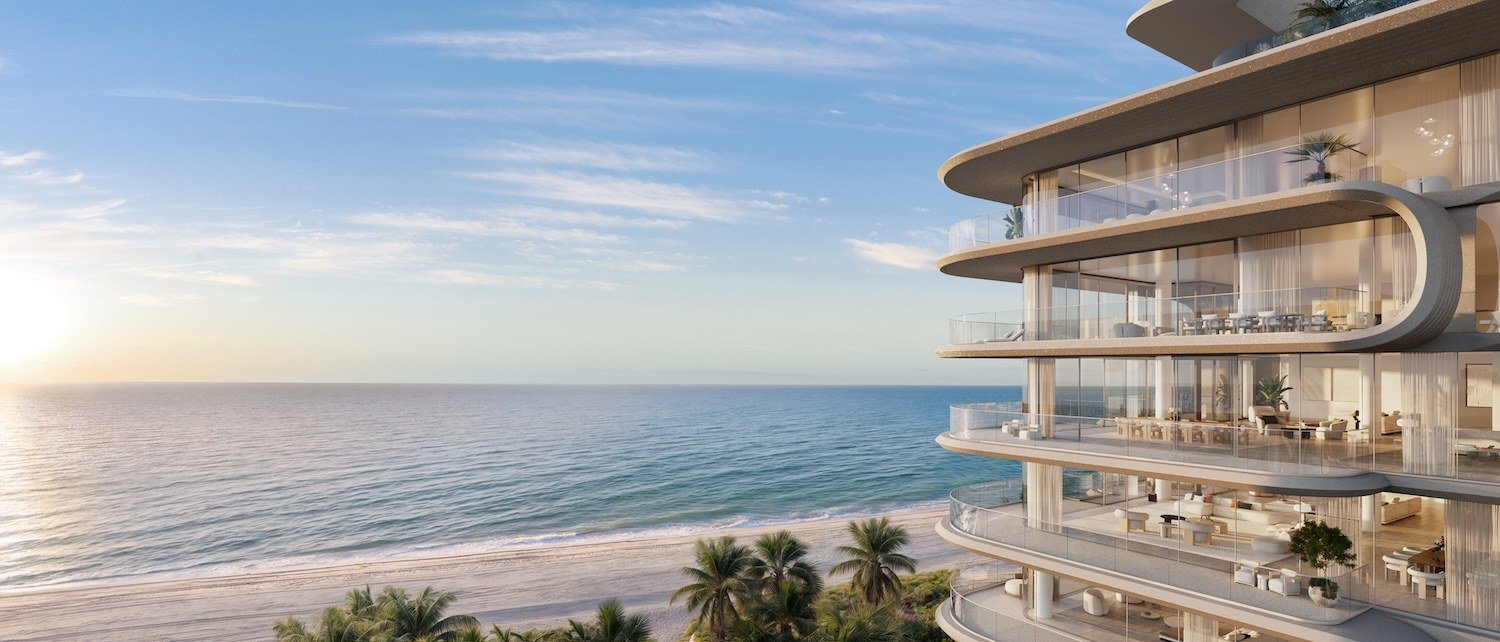 The Delmore Surfside architectural rendering showing oceanfront terraces and Atlantic views