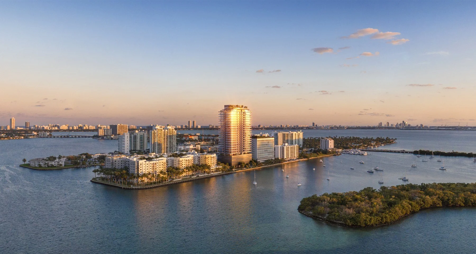 Pagani Residences architectural rendering showing the North Bay Village waterfront at sunset
