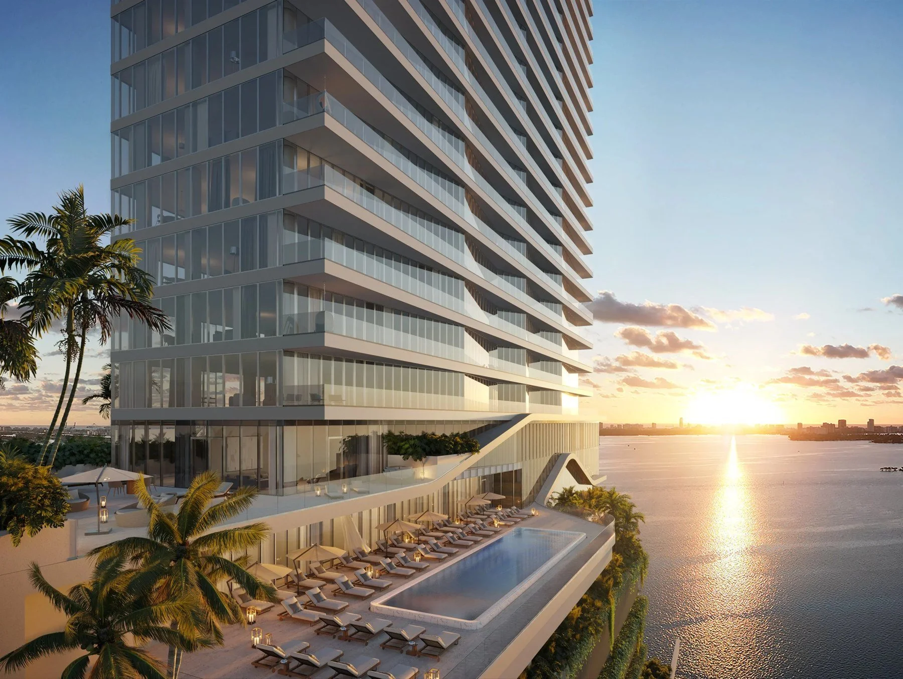 Cove Miami architectural rendering showing the pool terrace and waterfront setting