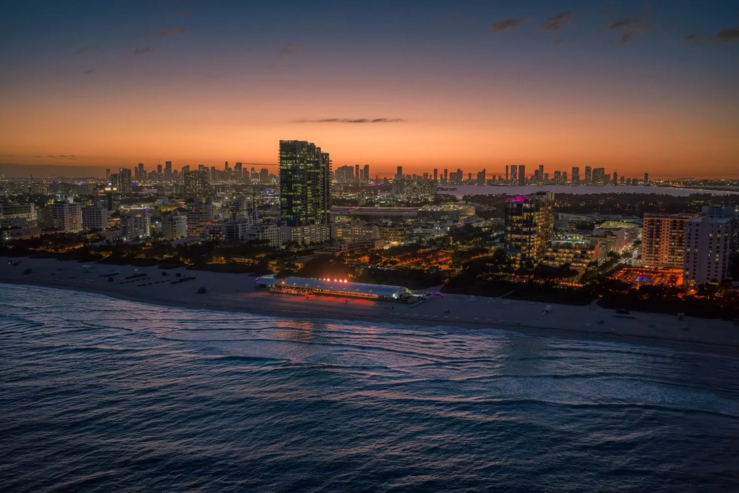 Aerial view of the Miami waterfront at sunset