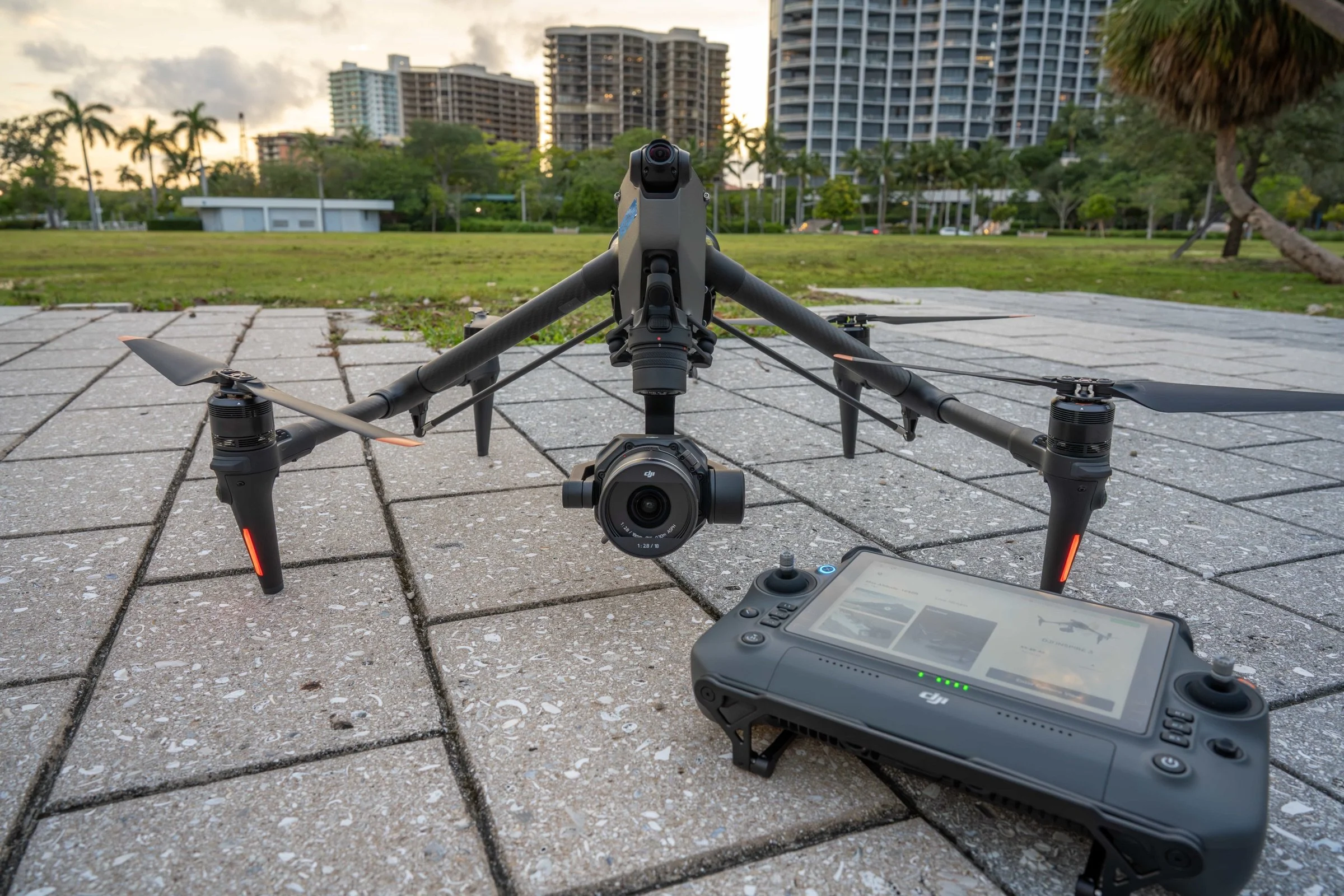 Drone Genius Inspire 3 with camera and remote controller on location