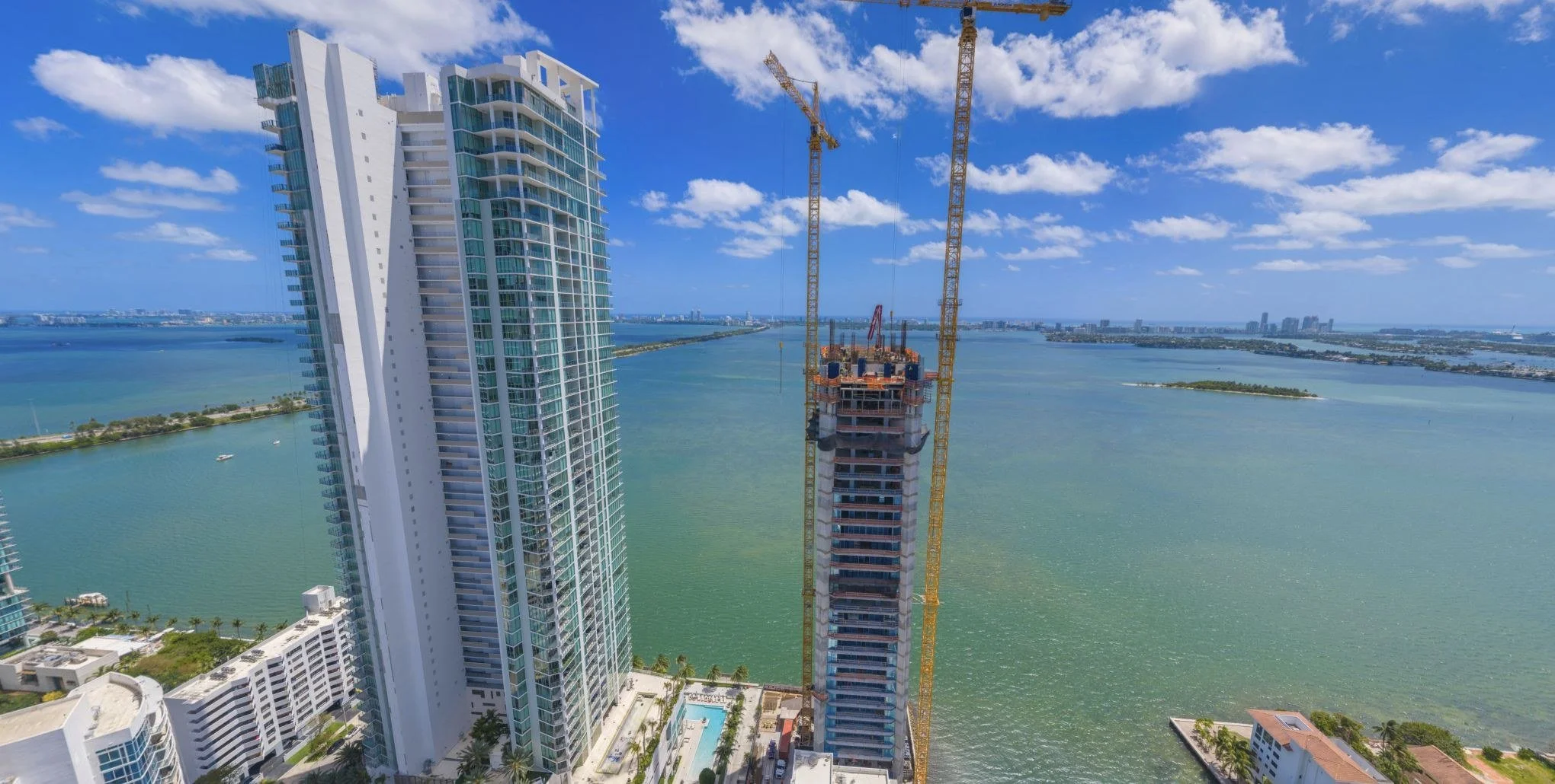 Captured aerial view of Biscayne Bay and nearby buildings from the Cove Miami 360 tour