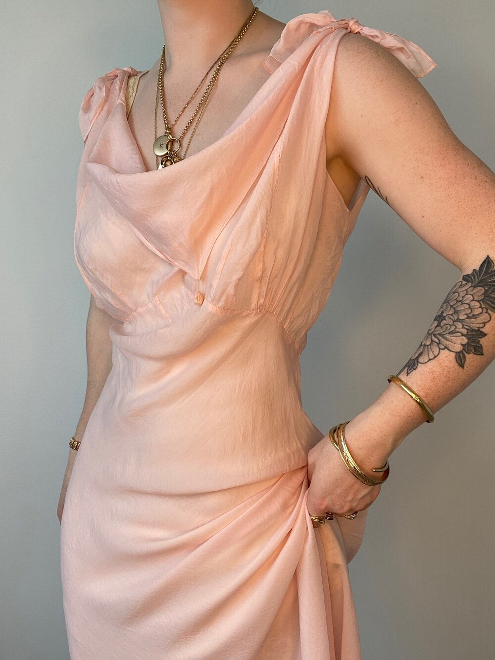1930's Light Pink Silk Dress with Cowl Neck — Ofelia Vintage 1930's Light Pink Silk Dress with Cowl Neck — Ofelia Vintage