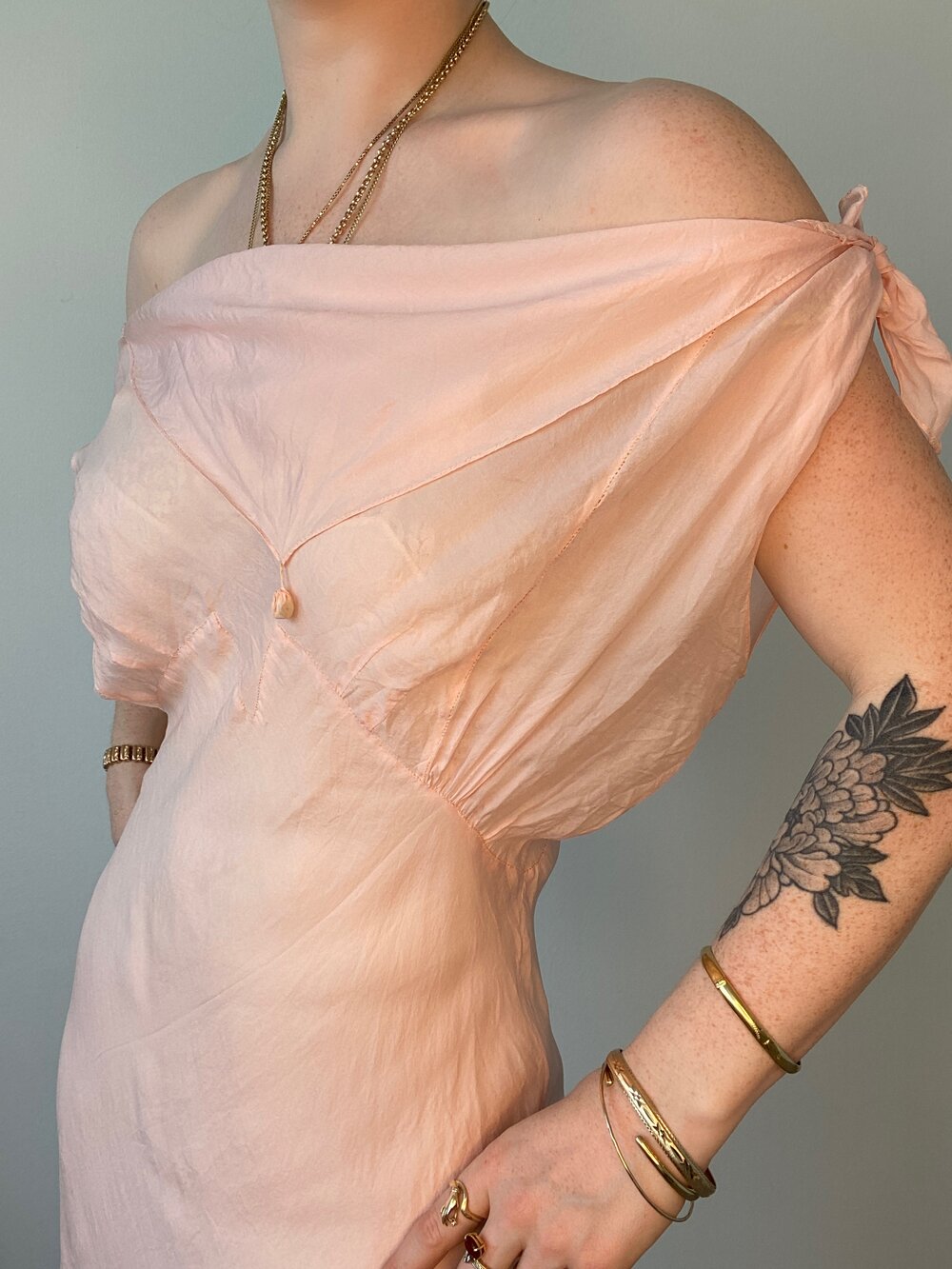 1930's Light Pink Silk Dress with Cowl Neck — Ofelia Vintage 1930's Light Pink Silk Dress with Cowl Neck — Ofelia Vintage