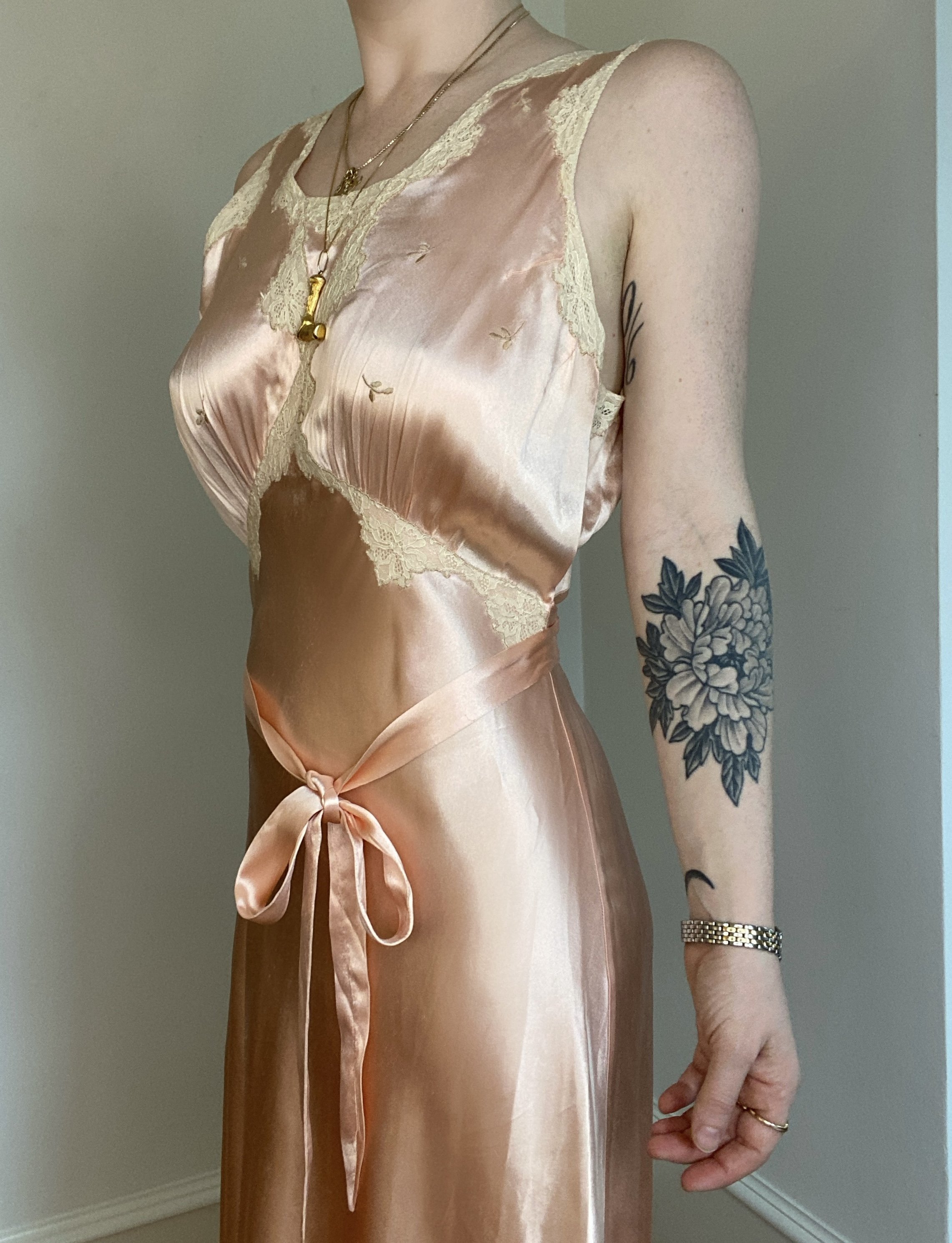 1940's Pink Satin Gown with Lace