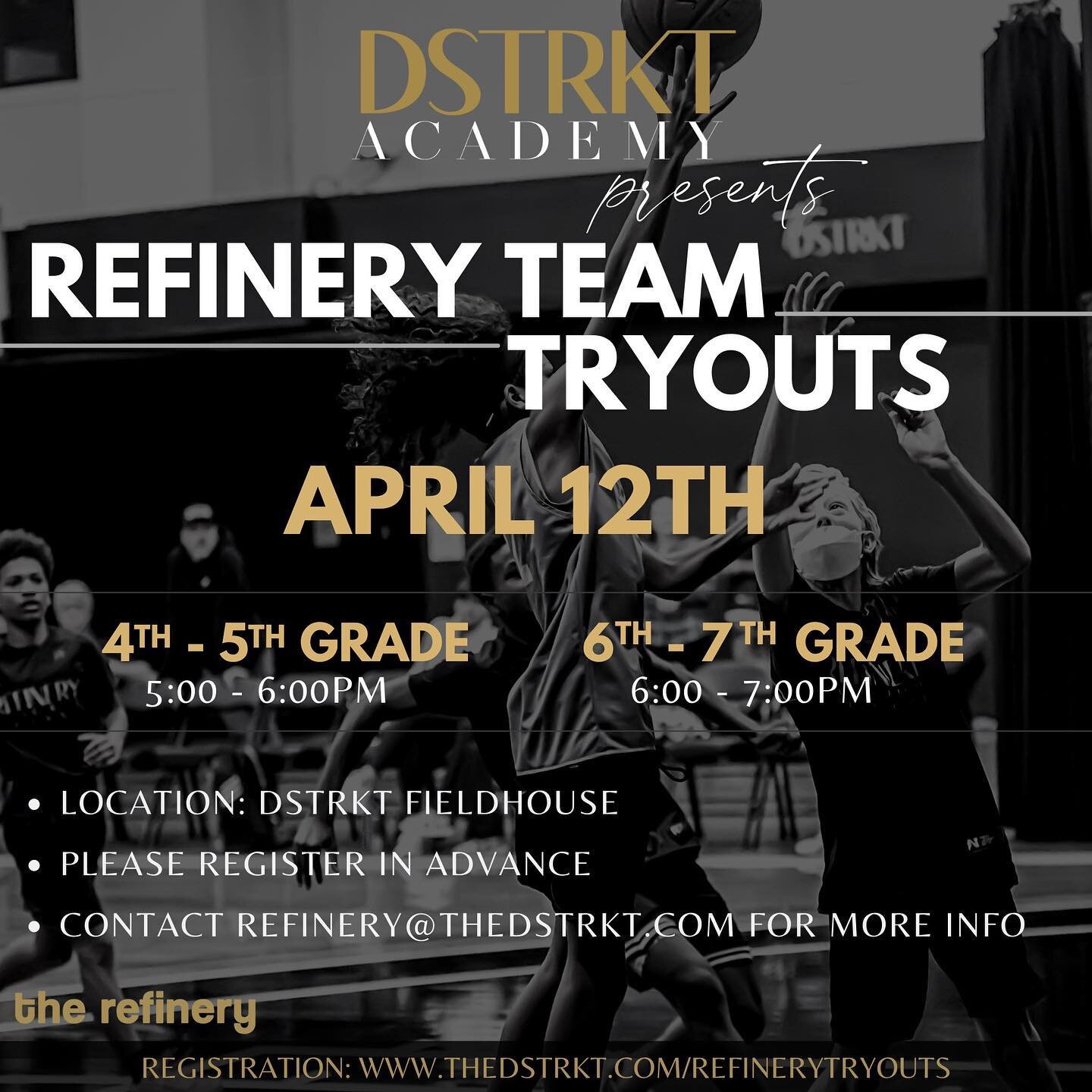 Next Wednesday the 12th, @dstrktacademy is holding tryouts for their Refinery teams right here at DSTRKT Fieldhouse. 

4th-7th grade!! 

Click the link in our bio to register. #runnit 

#dstrkt #thedstrkt #basketball #basketballtraining #personaltrai