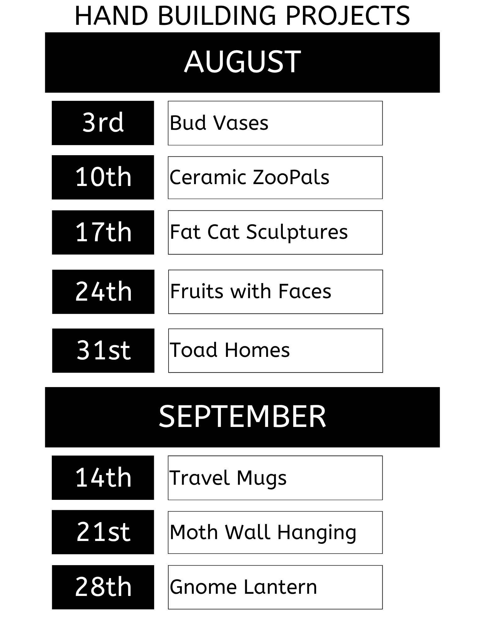 Arts On Main  Ceramics Studio Hand Building Project List