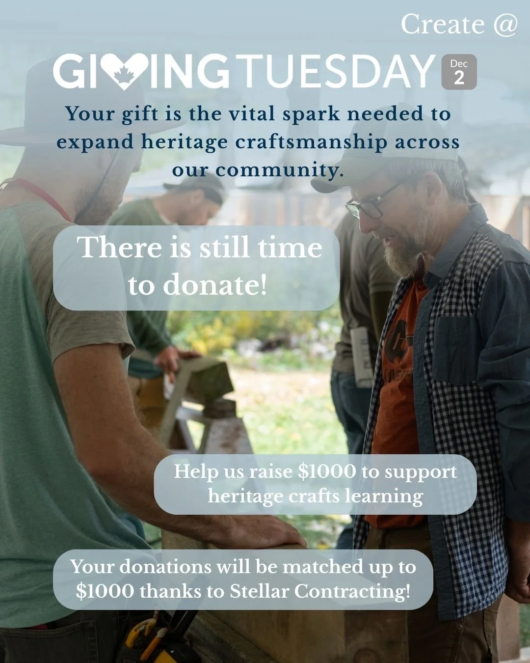 There is still time to donate towards our Giving Tuesday goal!

Your generosity towards our $1000 goal will inspire future creators to embrace traditional craft skills. 

Today is your only day to double your impact. Your gifts will be matched by @st