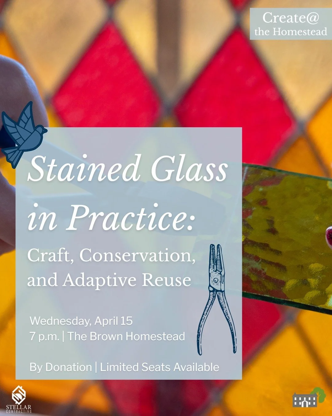 ✨ Learn about the traditional craft of stained glass ✨

Join us April 15 at 7 p.m. for a lecture + live demo with architectural stained glass artist and Project Manager Mackenzie Campbell. 

Learn traditional techniques, modern conservation practices