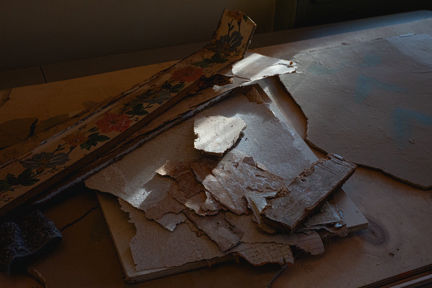 fragments of wallpaper strewn across a tabletop, drenched in shadow.