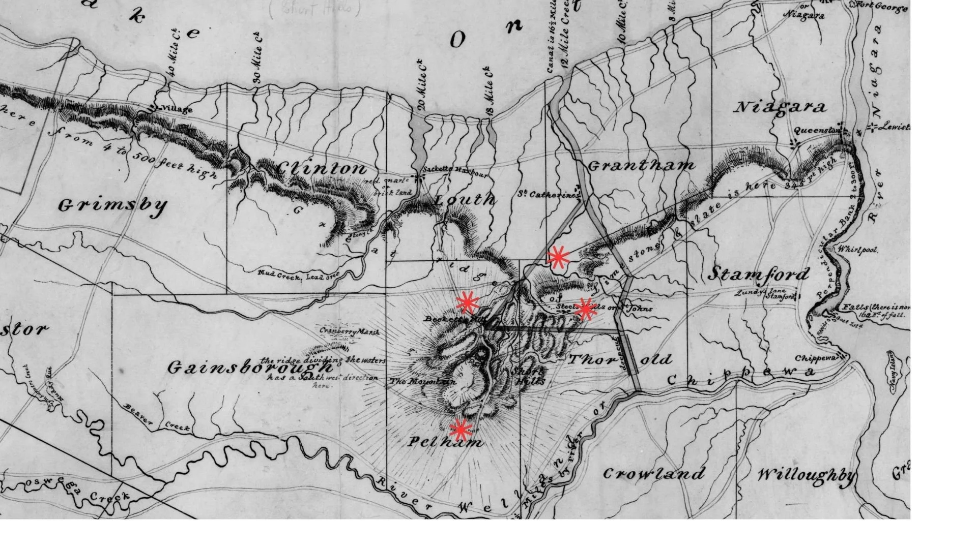 A greyscale illustrated map of Niagara dated to 1827. It marks the main waterways and geological features on the peninsula, including the Welland Canal. Red stars indicate the approximate locations of settlements around the Short Hills.
