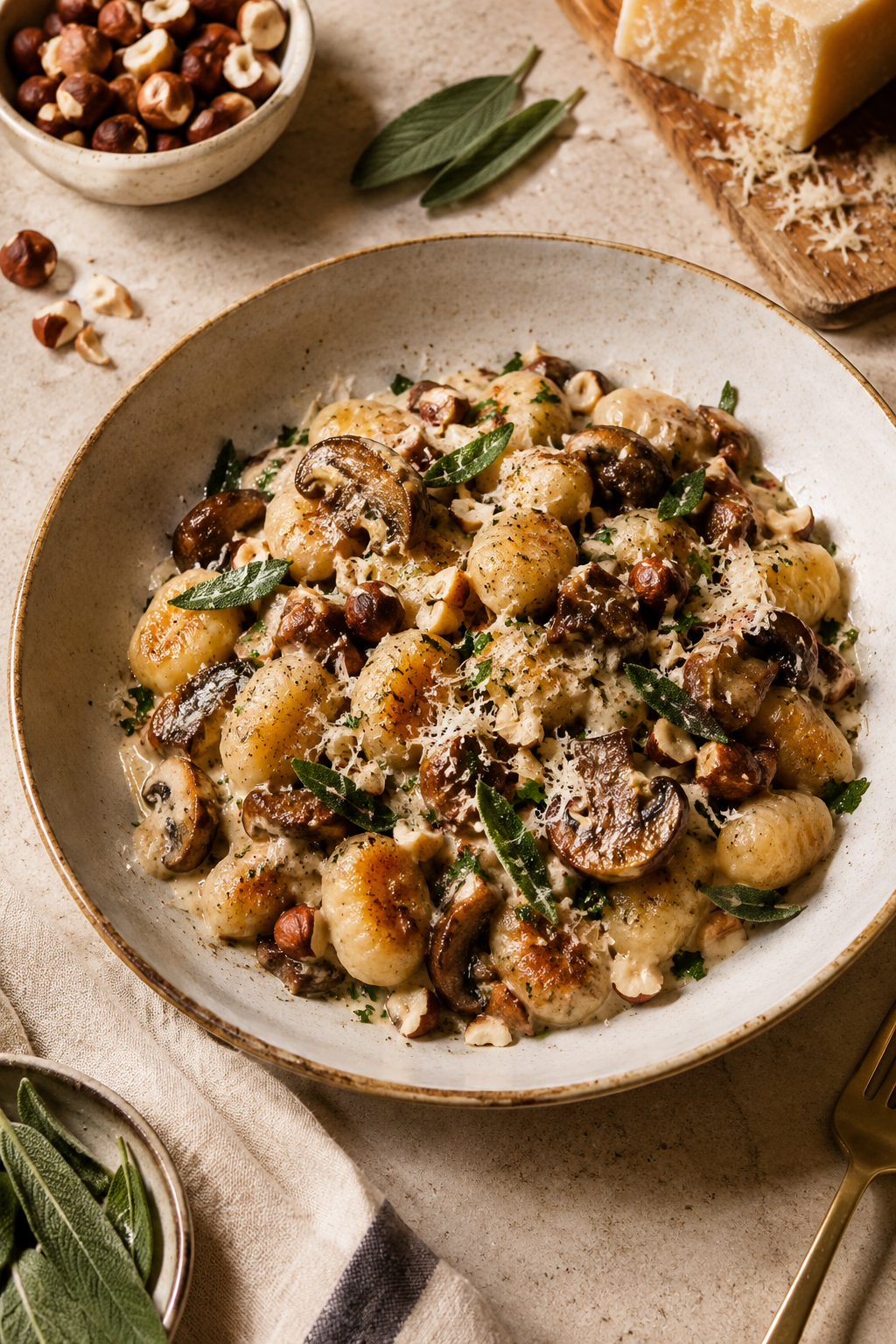 LA RECETTE RÉCONFORTANTE DE L’AUTOMNE : GNOCCHIS AUX CHAMPIGNONS, CRÈME DE PARMESAN ET NOISETTES