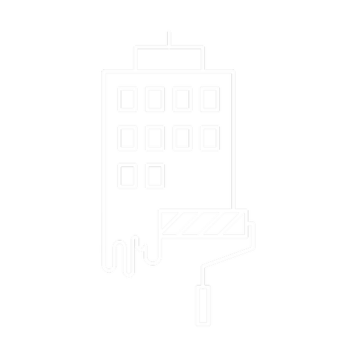 Outline of a multi-story building with a roller paint brush extending downward.
