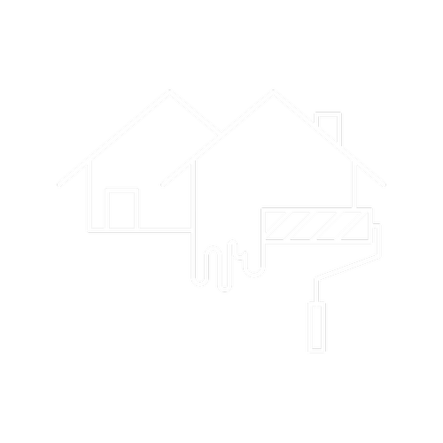 Line drawing of two houses with a dripping paint roller and a paint bucket.