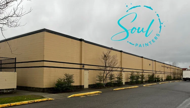 Exterior of beige commercial building with black stripe, small trees and shrubs in front, overcast sky, and blue "Soul Painters" logo, painted and maintained by painters offering free commercial painting estimate near you.