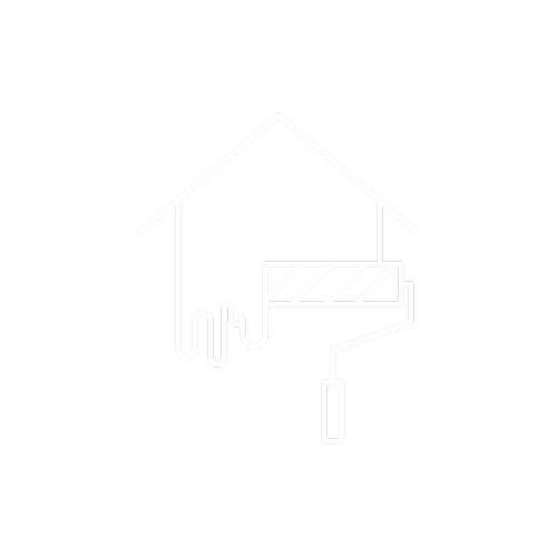 White outline of a house with a paint roller on a black background.