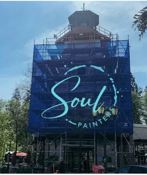 Building covered with blue safety netting displaying "Soul Painter" sign, with trees and partly cloudy sky in background, maintained by painters offering exterior painting services and free estimate near you.