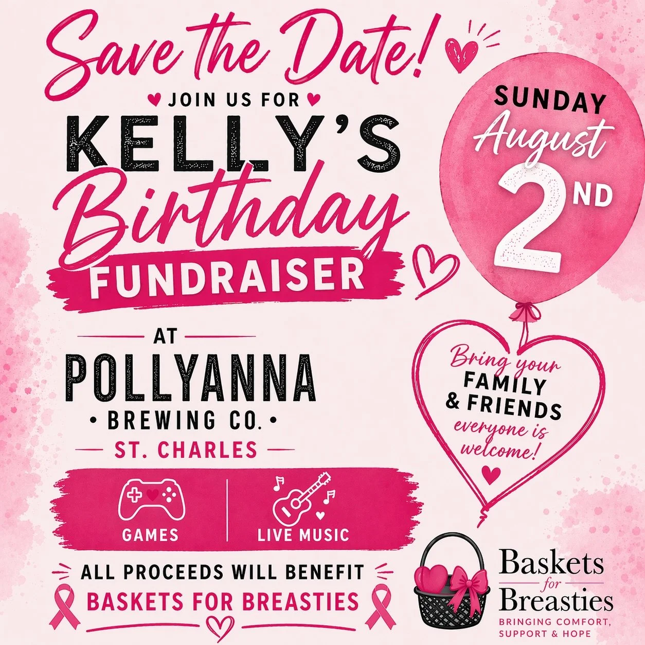 Get ready for our biggest event of the year! 💖 Save the Date: Kelly's Birthday Fundraiser, Sunday, August 2nd at Pollyanna in St Charles, IL. Join us to celebrate, win prizes, and help raise funds to continue donating Baskets for Breasties to Chicag