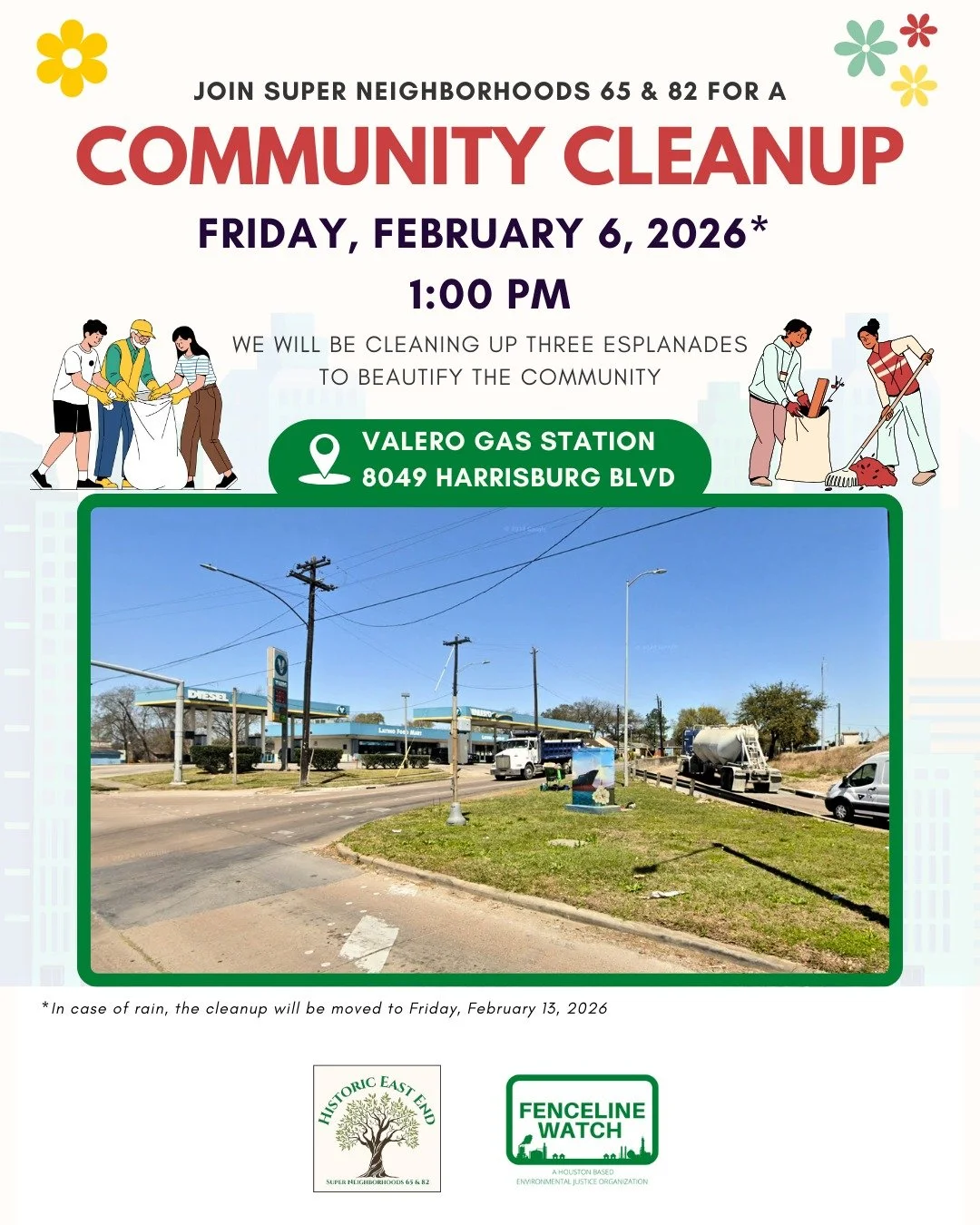 Volunteer Opportunity: Friday, Feb 6 @ 1 pm, join us for a community cleanup of 3 esplanades in our neighborhood! We will begin at the Valero at Harrisburg &amp; Navigation and travel to the lots in front of Frost Bank and La Revoluci&oacute;n. Equip
