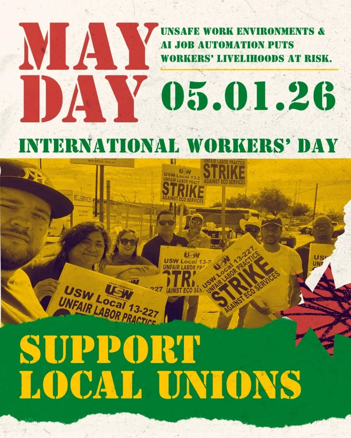 Support your local union this #MayDay. Companies receive public funding because of promised jobs, but then automate those same jobs away with AI. Workers have been at the forefront of human rights &amp; we stand with them. #EnvironmentalJustice