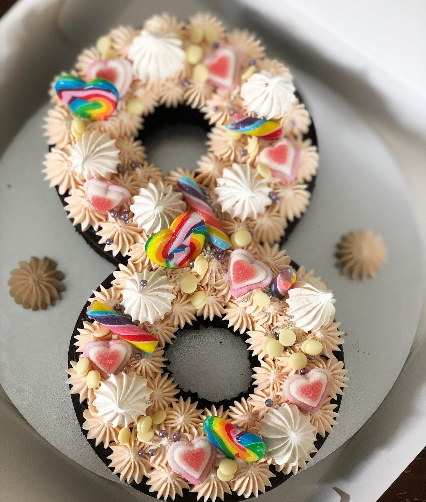 A number 8 cake!
And a note to say the next few weeks are booking up FAST. I&rsquo;m completely booked from the 22nd to the 29th, and there&rsquo;s not much space in the preceding weekends. Please book your cakes early! 💜