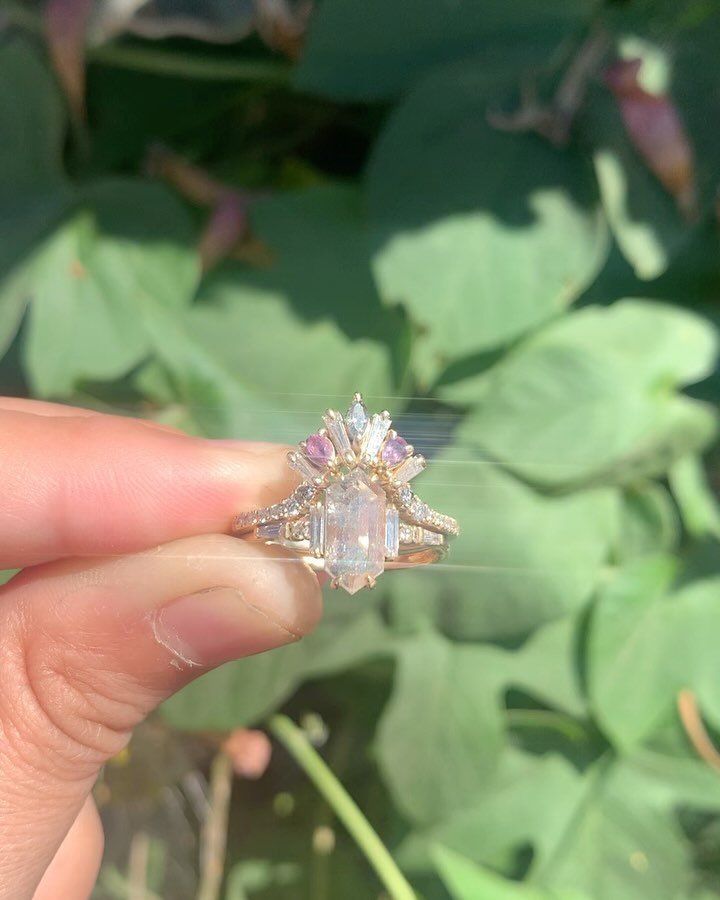 In honor of my one of a kind sister! Her one of a kind rose cut salt and pepper diamond engagement set with purple sapphires, I made for her last year♓️💜✨ @jordynamize 
&bull;
&bull;
&bull;
#diamondengagementring #diamondring #handmadeengagementring