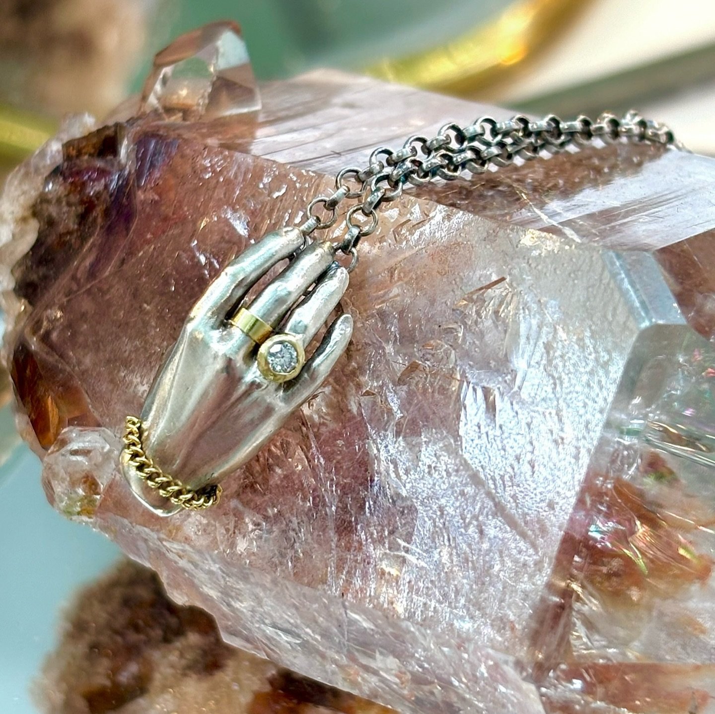 At long last the Diamond helping hand is available on my site! It will stay as a stock staple, watch this baby sparkle! With the patina&rsquo;d silver hand the natural white Diamond really pops ✨💎 
&bull;
&bull;
&bull;
#handjewelry #handmilagro #mil